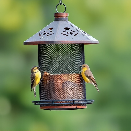 Metal mesh bird feeder with small birds