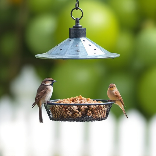Metal mesh bird feeder with small birds