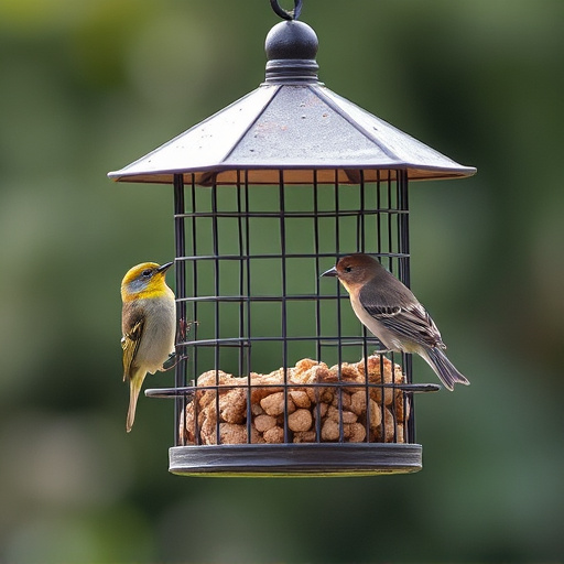 Metal mesh bird feeder with small birds