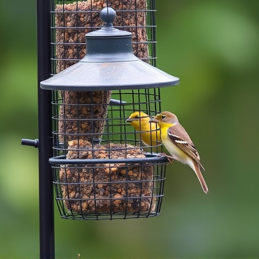 Metal mesh bird feeder with small birds