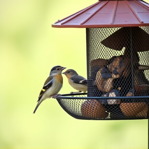 Metal mesh bird feeder with small birds