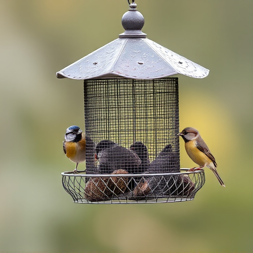 Metal mesh bird feeder with small birds