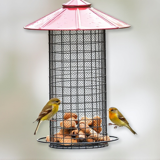 Metal mesh bird feeder with small birds