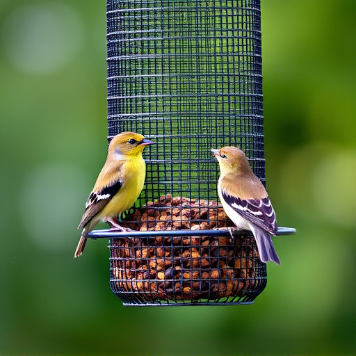 Metal mesh bird feeder with small birds