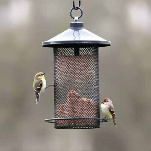 Metal mesh bird feeder with small birds