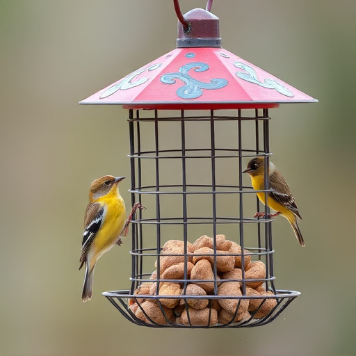 Metal mesh bird feeder with small birds