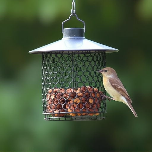 Metal mesh bird feeder with small birds