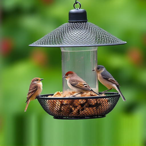 Metal mesh bird feeder with small birds