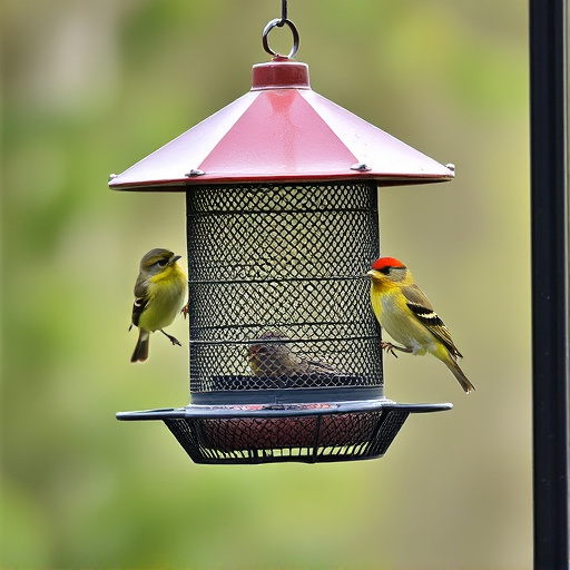 Metal mesh bird feeder with small birds