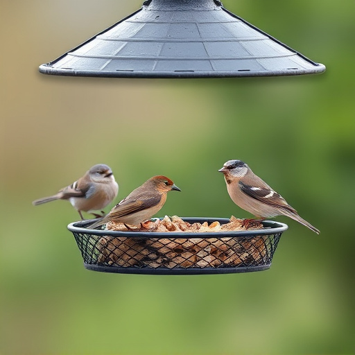 Metal mesh bird feeder with small birds