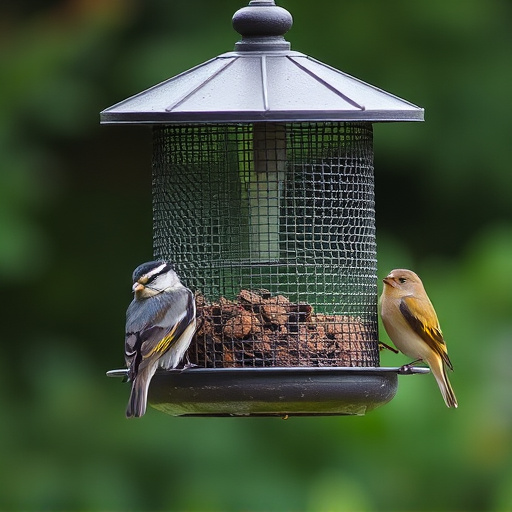 Metal mesh bird feeder with small birds