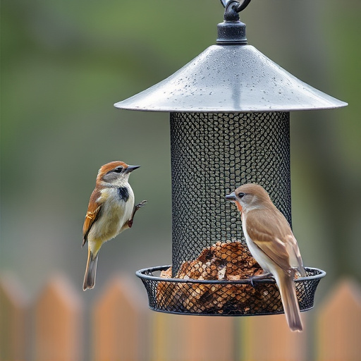 Metal mesh bird feeder with small birds