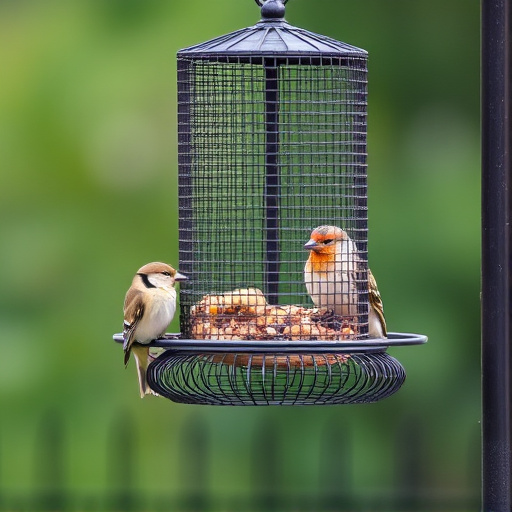 Metal mesh bird feeder with small birds