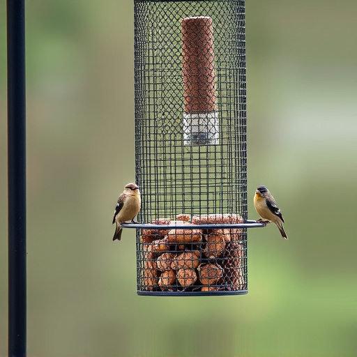 Metal mesh bird feeder with small birds
