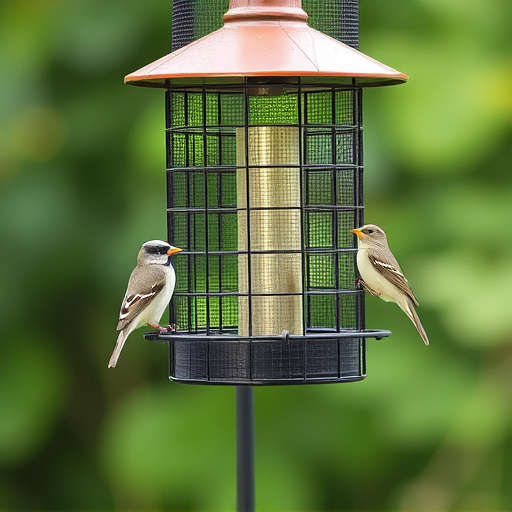 Metal mesh bird feeder with small birds