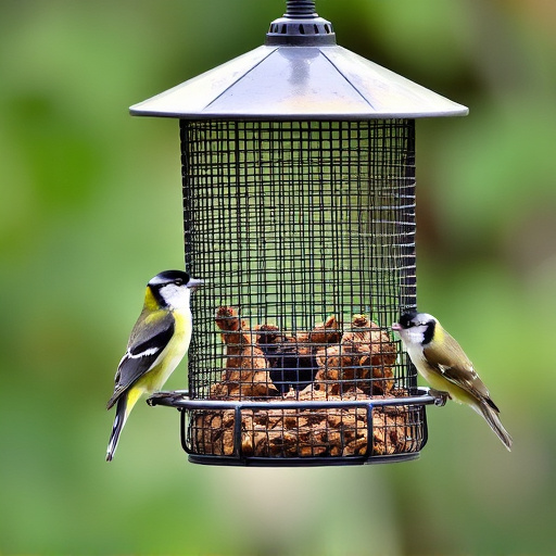 Metal mesh bird feeder with small birds