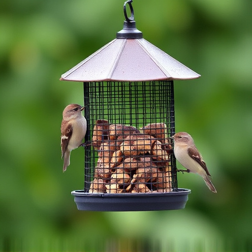 Metal mesh bird feeder with small birds