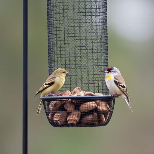 Metal mesh bird feeder with small birds