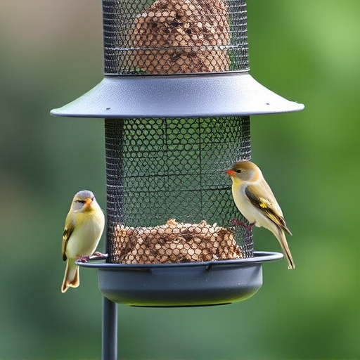 Metal mesh bird feeder with small birds