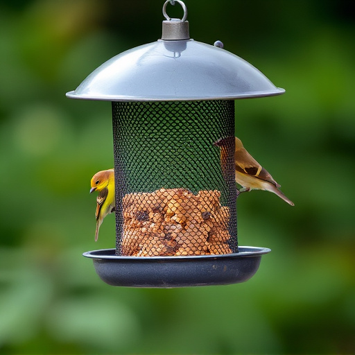 Metal mesh bird feeder with small birds