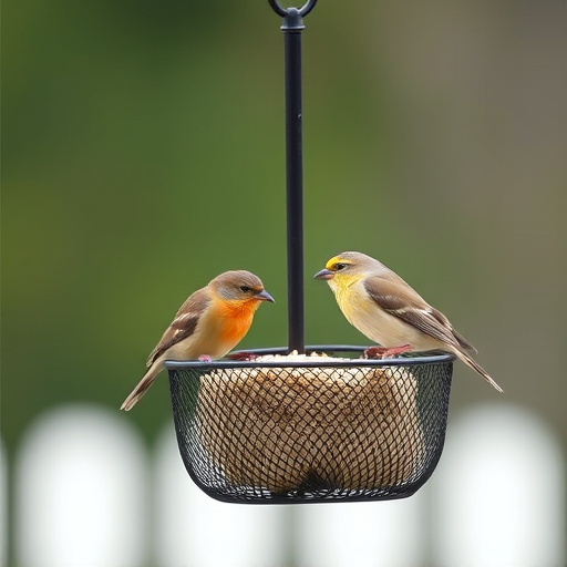 Metal mesh bird feeder with small birds