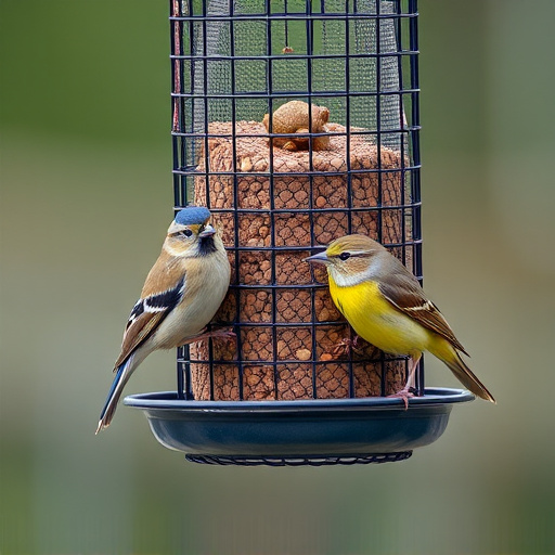Metal mesh bird feeder with small birds