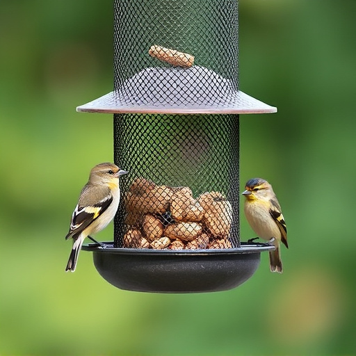 Metal mesh bird feeder with small birds