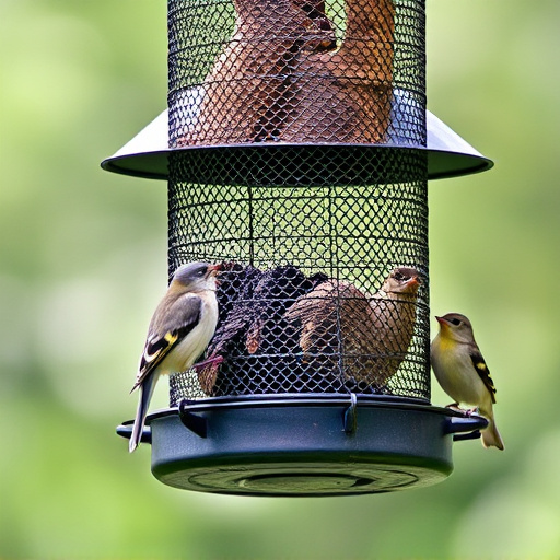 Metal mesh bird feeder with small birds