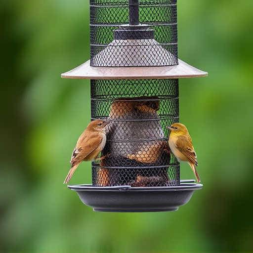 Metal mesh bird feeder with small birds