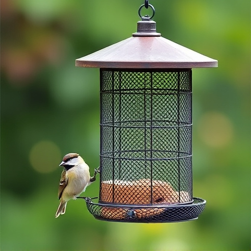 Metal mesh bird feeder with small birds