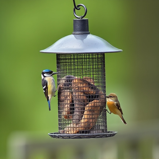 Metal mesh bird feeder with small birds