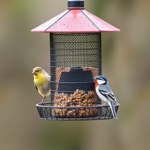 Metal mesh bird feeder with small birds
