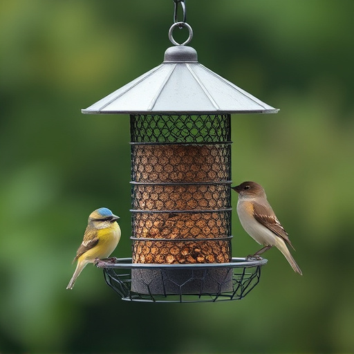 Metal mesh bird feeder with small birds