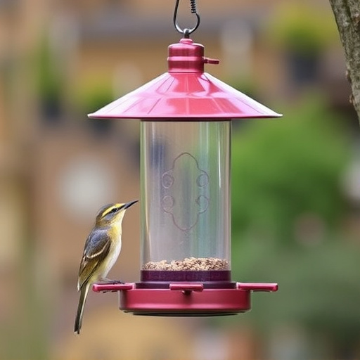 Metal squirrel-proof bird feeder hanging outdoors