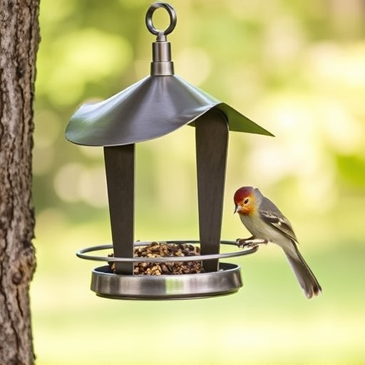 Metal squirrel-proof bird feeder hanging outdoors