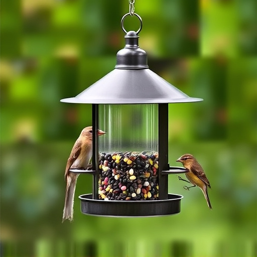 Metal squirrel-proof bird feeder hanging outdoors