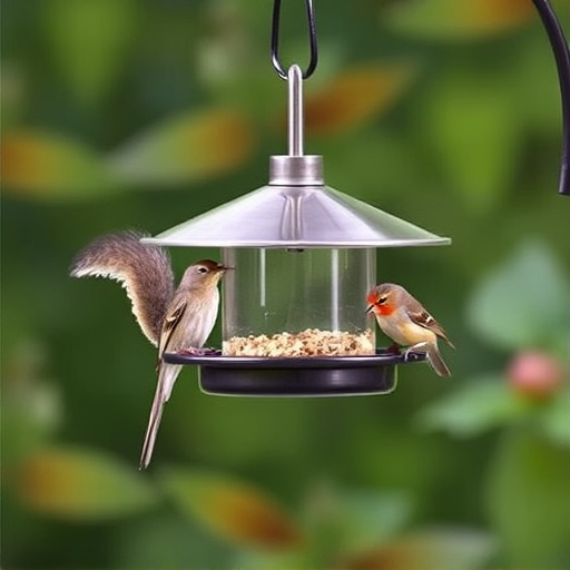 Metal squirrel-proof bird feeder hanging outdoors