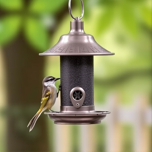 Metal squirrel-proof bird feeder hanging outdoors