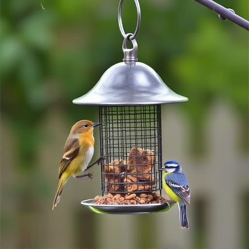 Metal squirrel-proof bird feeder hanging outdoors