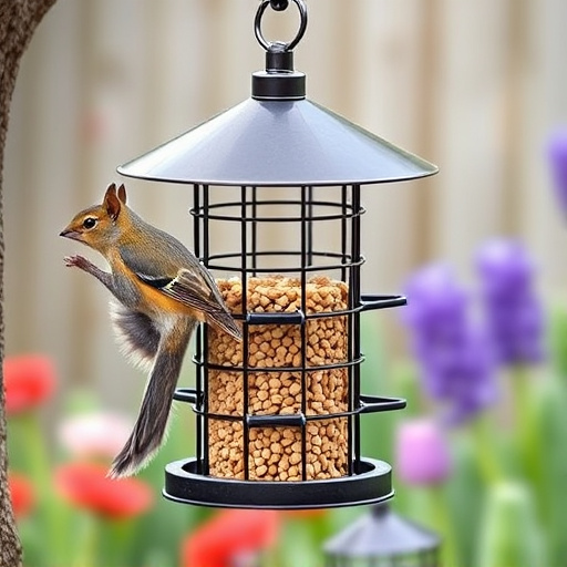 Metal squirrel-proof bird feeder in garden