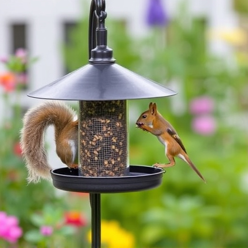 Metal squirrel-proof bird feeder in garden