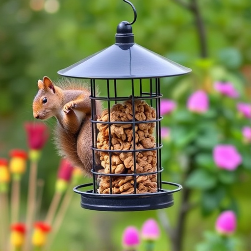 Metal squirrel-proof bird feeder in garden
