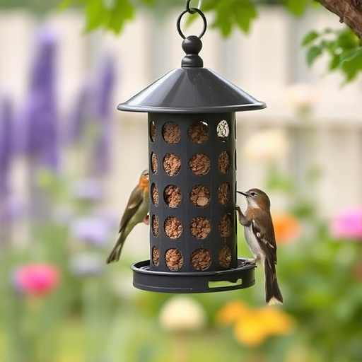 Metal squirrel-proof bird feeder in garden