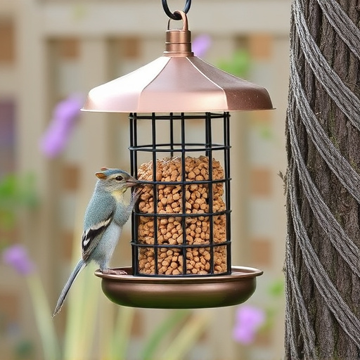 Metal squirrel-proof bird feeder in garden