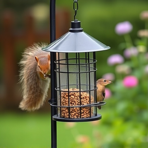 Metal squirrel-proof bird feeder in garden