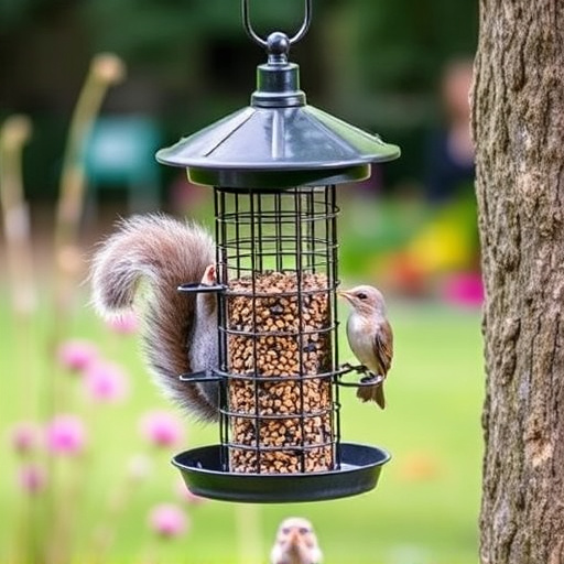 Metal squirrel-proof bird feeder in garden