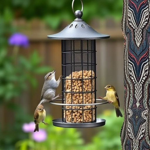 Metal squirrel-proof bird feeder in garden