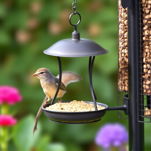 Metal squirrel-proof bird feeder in garden