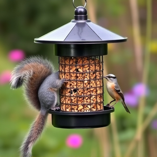 Metal squirrel-proof bird feeder in garden