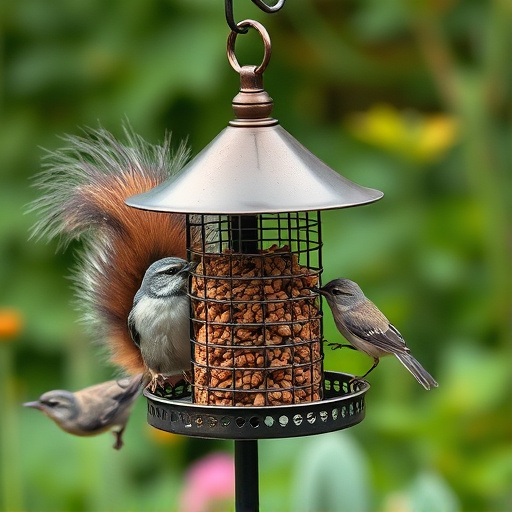 Metal squirrel-proof bird feeder in garden